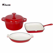 Enameled Cast Iron Dishes Set of 3 Casserole, Gratin and Griddle Set Oven to Table Cookware
